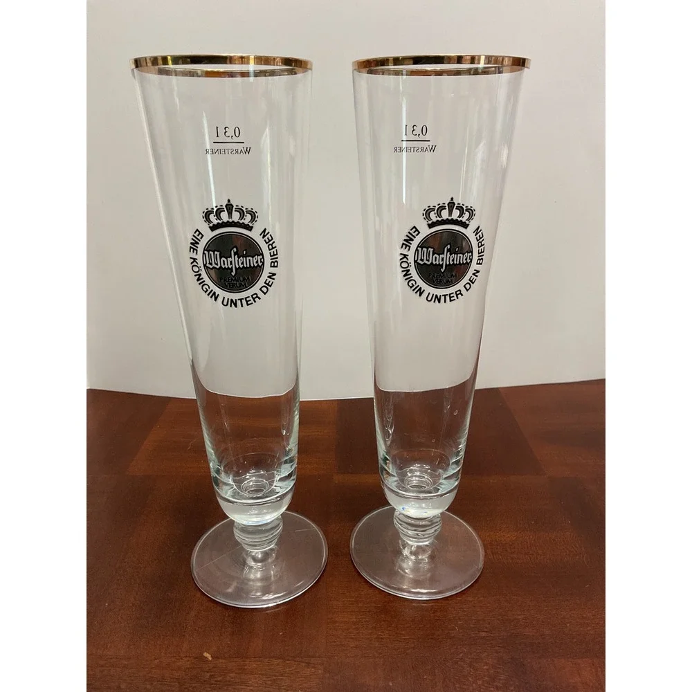 Warsteiner‎ Pilsner Beer Glasses Set of 2 Gold Rim 0.3L German Stemmed Barware